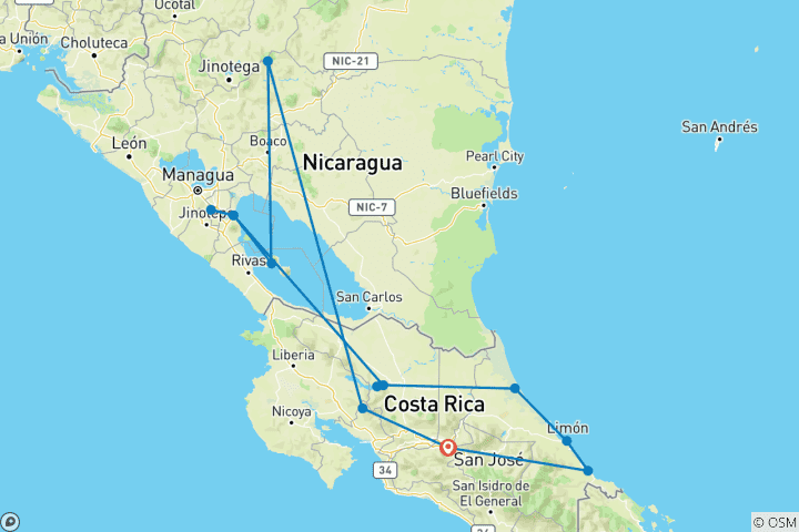 Map of Nature Adventure Trip Costa Rica & Nicaragua