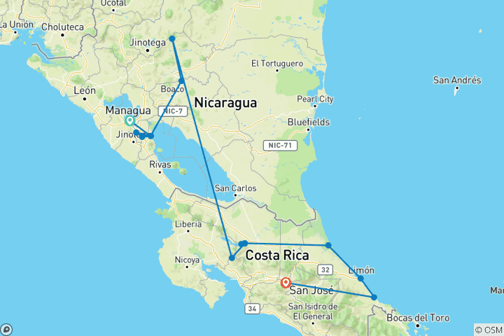 Map of Nature Adventure Trip Costa Rica & Nicaragua