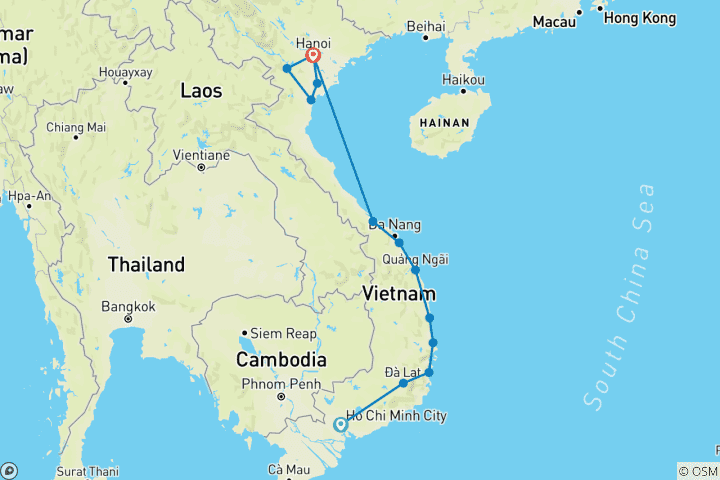 Carte du circuit Vietnam du Sud au Nord : Circuit cycliste de Saigon à Hanoi