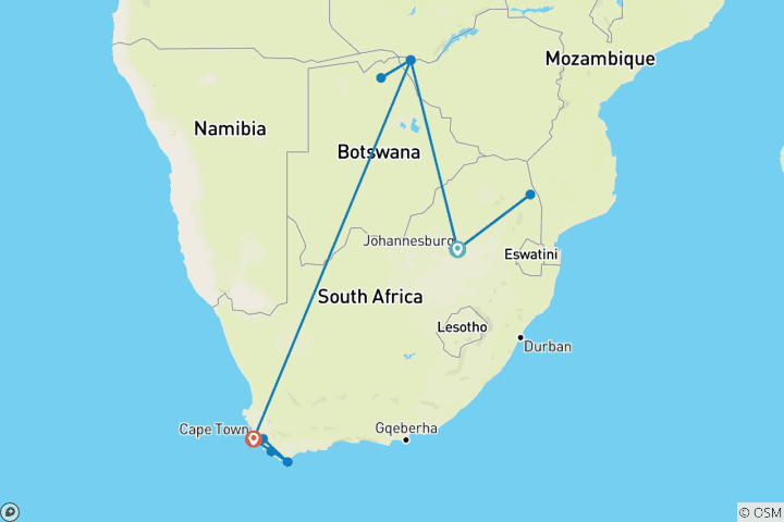 Map of 12 Day/ 12 Night Victoria Falls, Kruger Park, Chobe, Cape Town Southern Africa Discovery (Includes Inter-Tour Flights)