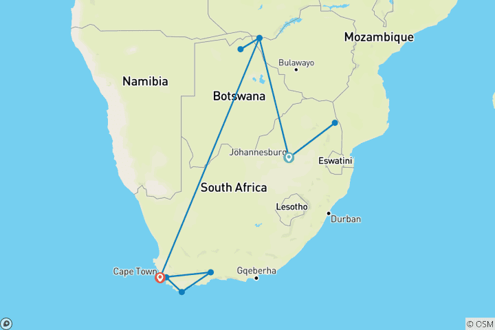 Map of Cape Victoria Discover Tour: 12 Day Kruger Park, Victoria Falls, Chobe, Cape Town