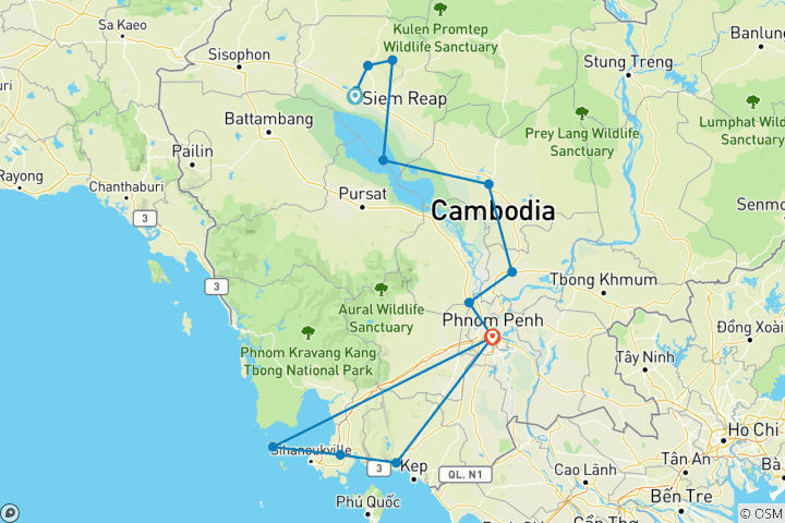 Karte von Kambodscha 11 Tage Tour von den Angkor-Tempeln zur Insel Koh Rong