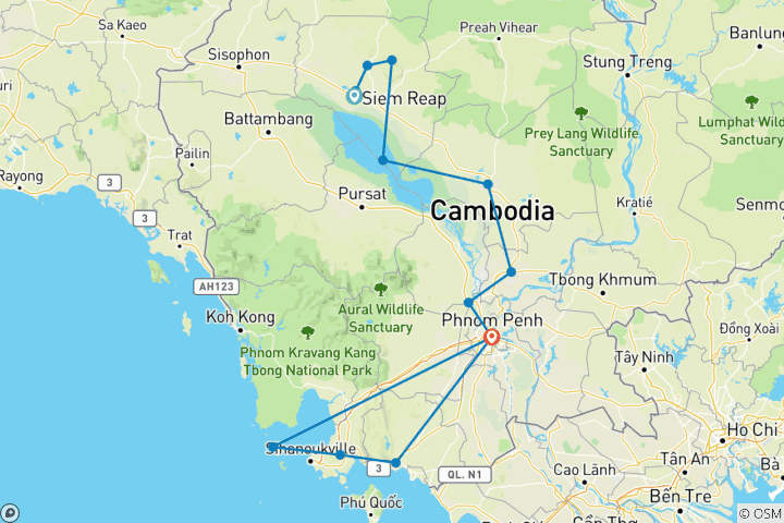 Kaart van Cambodja – van Angkor Wat naar het eiland Koh Rong – 11 dagen