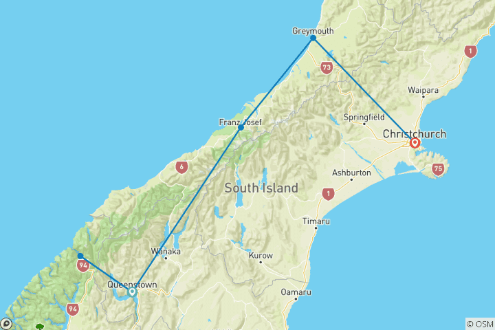 Map of New Zealand South Island 9-Day Drive, Cruise & Rail