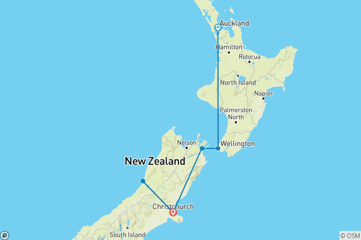 Map of Auckland to Christchurch 10-Day Rail Tour