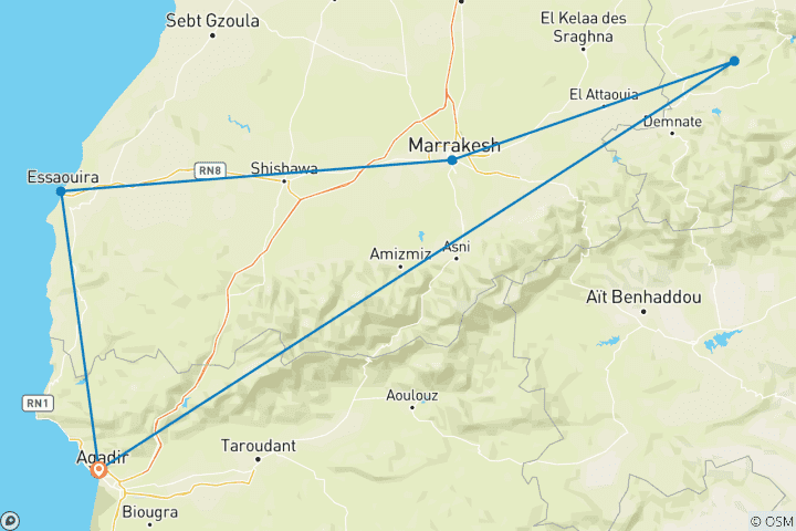 Mapa de 3 días descubrimiento de Agadir a Essaouira, Marrakech y las cataratas de Ouzoud.