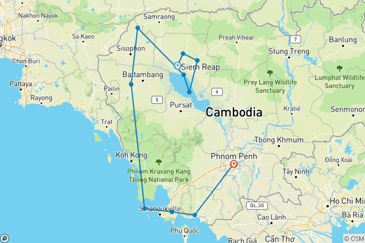 Kaart van Privé-rondreis door Cambodja – van de hoogtepunten tot de stranden – 12 dagen