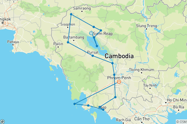 Kaart van Verken Cambodja – een rondreis langs alle hoogtepunten – 13 dagen