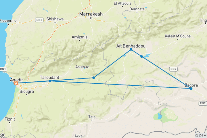 Mapa de 2 días en el desierto de Zagora desde Agadir incluyendo paseo en camello y campamento en el desierto Bereber