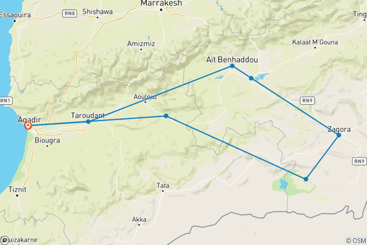 Mapa de 3 días en el desierto de Chegaga desde Agadir incluyendo paseo en camello y campamento Bereber en el desierto