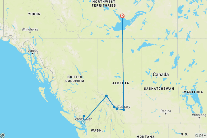 Karte von Winter in den Rocky Mountains und Nordlichter von Vancouver bis Yellowknife