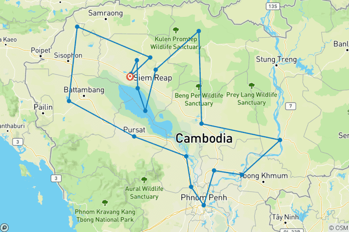 Kaart van Avontuurlijke privé-rondreis door Cambodja – 14 dagen