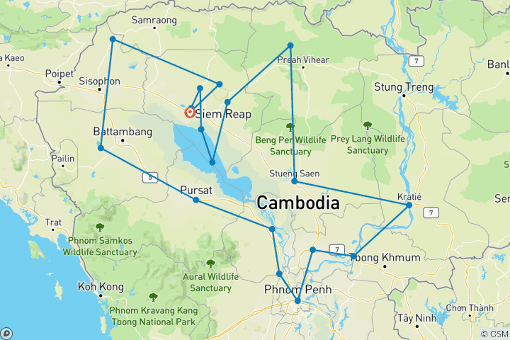 Kaart van Avontuurlijke privé-rondreis door Cambodja – 14 dagen