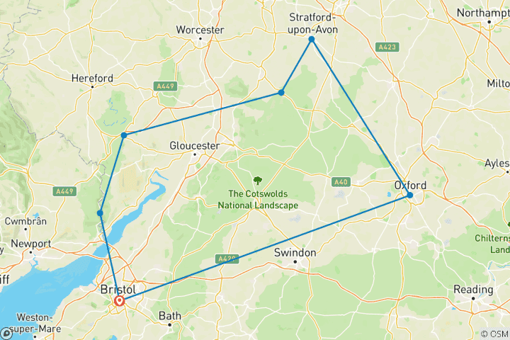 Carte du circuit 2 jours d'enchantement en Angleterre et au Pays de Galles : Stratford et Oxford au départ de Bristol
