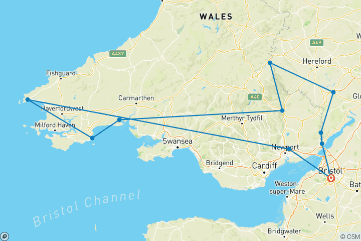 Map of 3-Day Mountains & Coasts of South Wales Small-Group Tour from Bristol