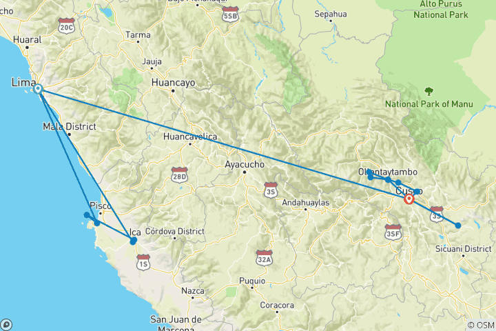 Map of 07 DAY TRIP SALE + DOMESTIC FLIGHTS: LIMA, BALLESTAS, HUACACHINA, CUSCO, SACRED VALLEY, THE RAINBOW MOUNTAIN or HUMANTAY LAKE HIKE & MACHUPICCHU