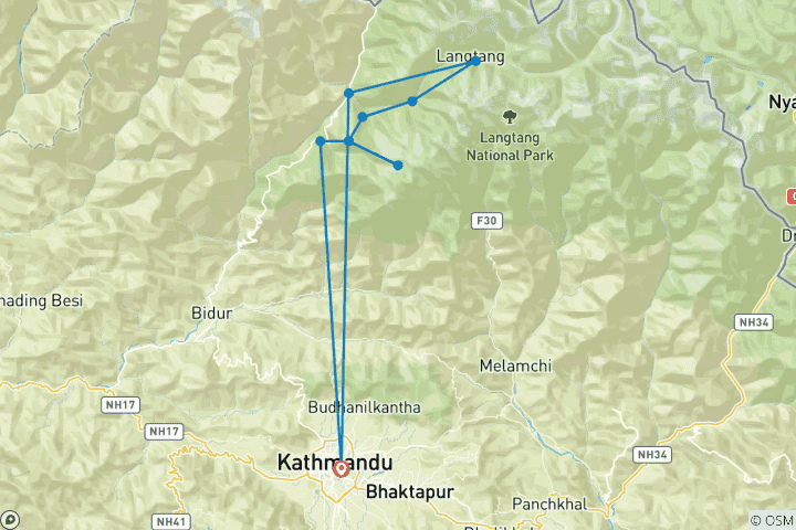 Carte du circuit Trek dans la vallée du Langtang et au lac Gosaikunda - 14 jours