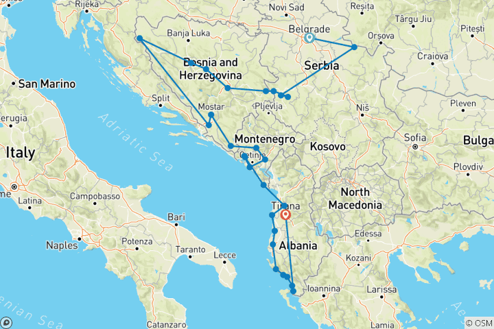 Map of Year-round 42 days Serbia +Bosnia +Montenegro +Albania Trans-Balkan tour from Belgrade. Roman Empire traces, medieval monasteries and fortresses; enjoy delicious cuisine and scenic roads