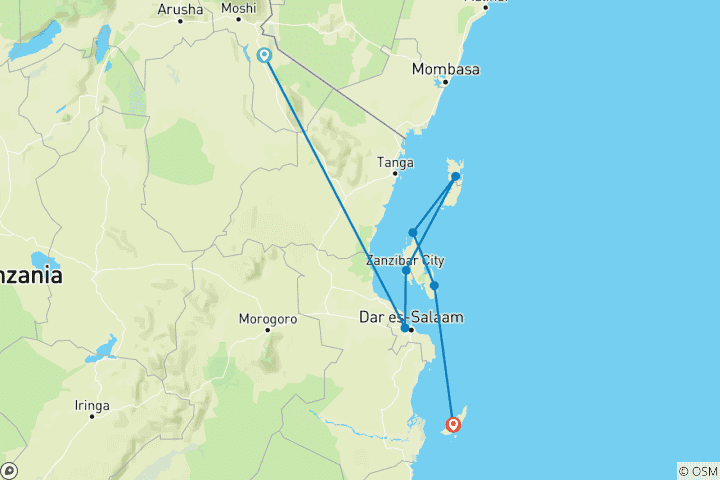 Carte du circuit 5 jours de plage à Zanzibar