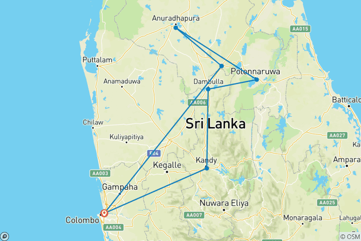 Karte von Rendezvous mit den Höhepunkten Sri Lankas - 15 Tage