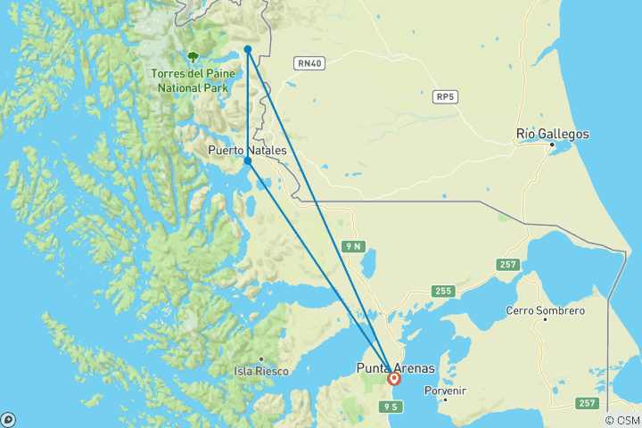 Carte du circuit Puerto Natales et Tours Paine