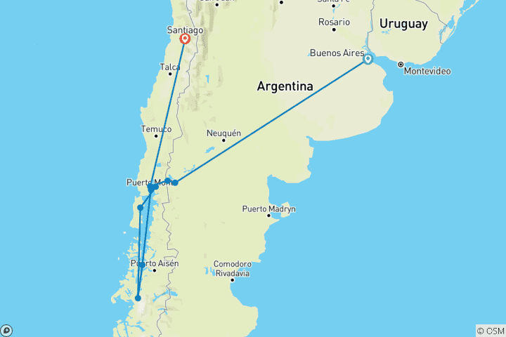 Map of Cruising Patagonia with Buenos Aires, Bariloche & Santiago