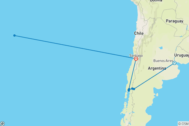 Carte du circuit Croisière en Patagonie avec Buenos Aires, Bariloche et Santiago avec l'île de Pâques