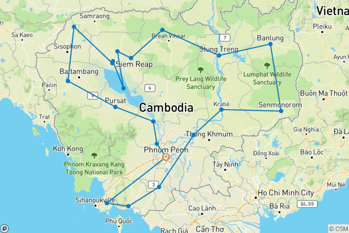 Kaart van Privé-rondreis door Cambodja – 20 dagen