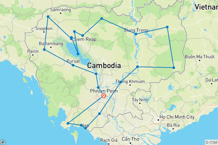 Karte von Kambodscha 20 Tage Amazing Tour - Kultur, Natur, Wildnis & Strände