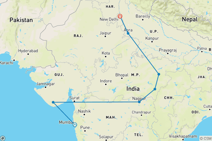Carte du circuit Explorer le monde avec le Taj Mahal lors d'un voyage aventureux à la rencontre des tigres et des lions - tout compris
