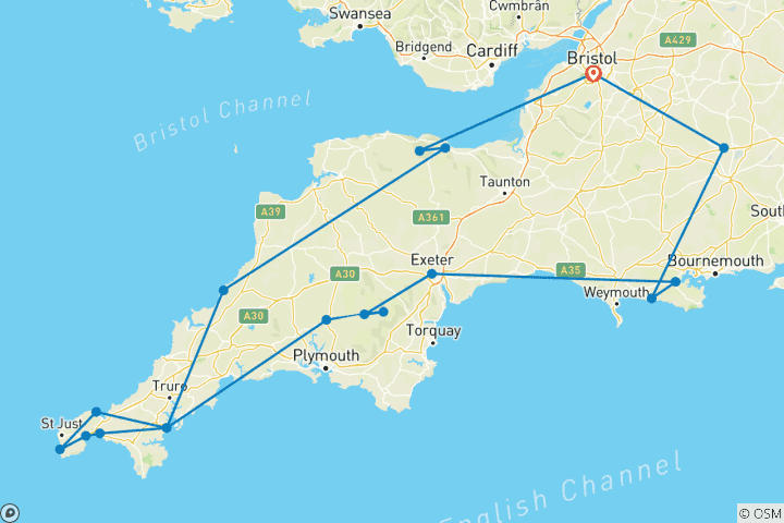 Carte du circuit Cornouailles, Devon et Stonehenge en petit groupe au départ de Bristol - 4 jours