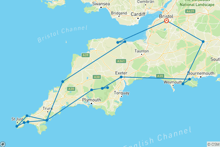 Carte du circuit Cornouailles, Devon et Stonehenge en petit groupe au départ de Bristol - 4 jours