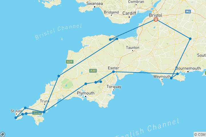 Kaart van Rondreis naar Cornwall, Devon & Stonehenge - in kleine groep - vanuit Bristol - 4 dagen