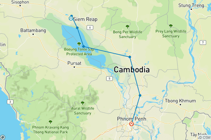 Carte du circuit Trésors du Cambodge - Circuit privé de 6 jours de Siem Reap à Phnom Penh