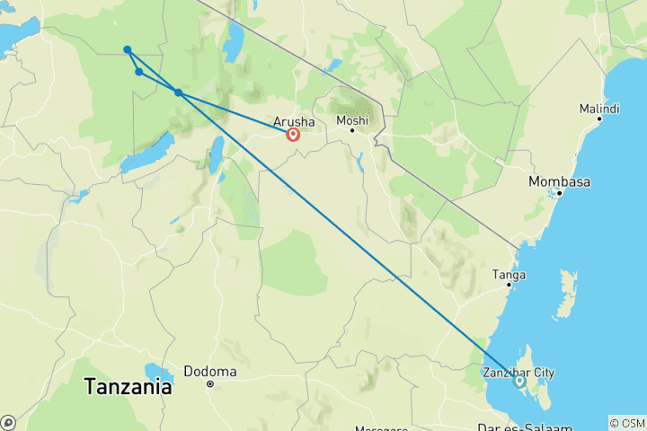 Carte du circuit 3 jours de safari Serengeti et; Ngorongoro Fly- in Lodge au départ de Zanzibar