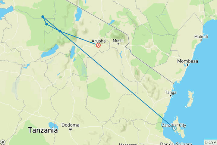 Map of 3 days Serengeti & Ngorongoro Fly-in Lodge safari from Zanzibar