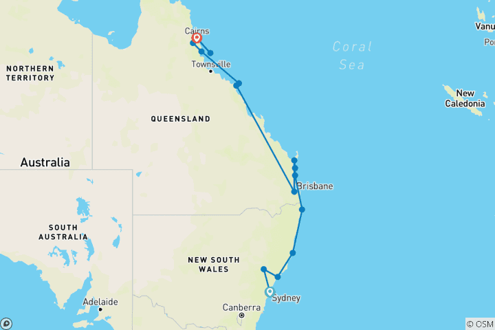 Map of Sydney to Cairns - 14 Day Boutique Comfort Tour