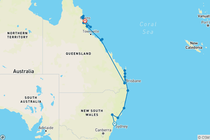 Map of Sydney to Cairns Best Of The East Coast – 17 Day Boutique Comfort Tour