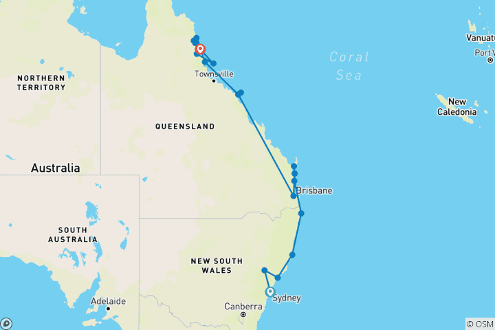 Carte du circuit De Sydney à Cairns, le meilleur de la côte est - Circuit boutique de 16 jours