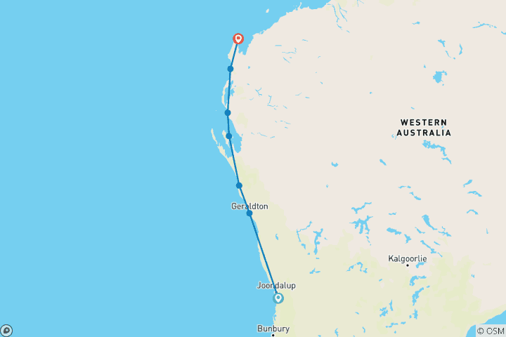 Carte du circuit Côte ouest de l'Australie et récif de Ningaloo - Circuit de 8 jours en Boutique Comfort