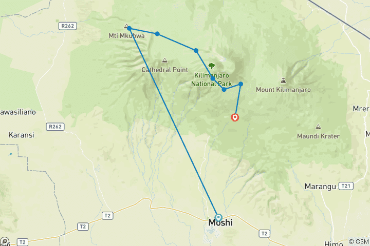 Map of Climb Kilimanjaro via the Lemosho route