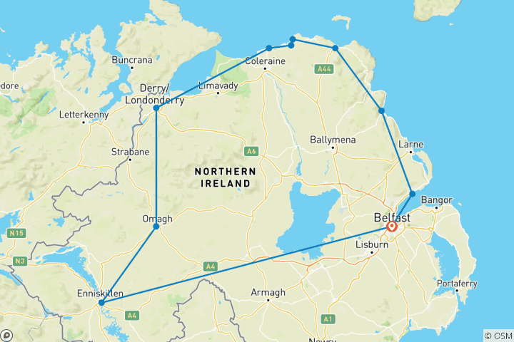 Map of 3 Day Causeway Coast, Derry & Fermanagh Lakelands from Belfast