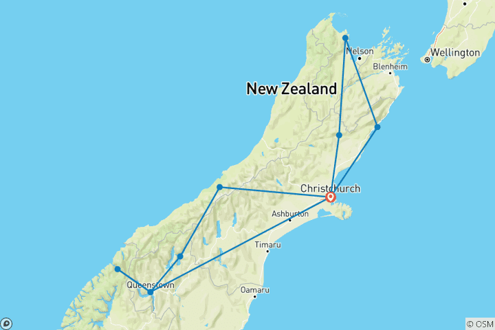 Map of 15-day Southern Kiwi Small Group Tour