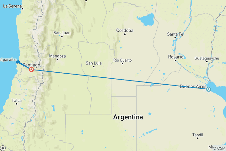 Map of Capitals of Southamerica: Buenos Aires and Santiago de Chile