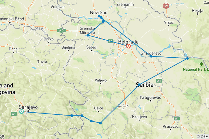 Map of All seasons 9-days Serbia discovery tour from Sarajevo. Serbia, land of ancient monasteries, medieval fortresses, Roman traces, cultural wealth and scenic roads.