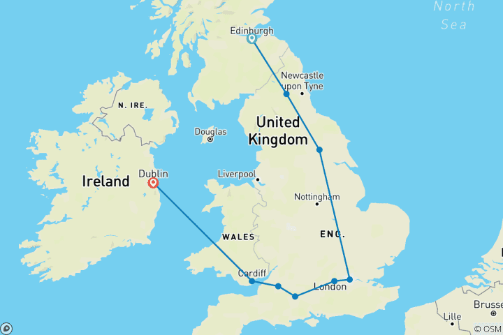 Map of Exploring Britain & Ireland featuring England, Ireland, Scotland and Wales (Edinburgh to Dublin) (2024)