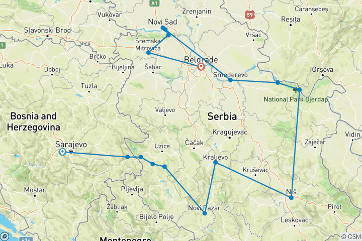 Map of Year-round Serbia discovery 17 days tour from Sarajevo. Serbia: land of monasteries, Roman villas, fortresses, rivers and scenic roads.