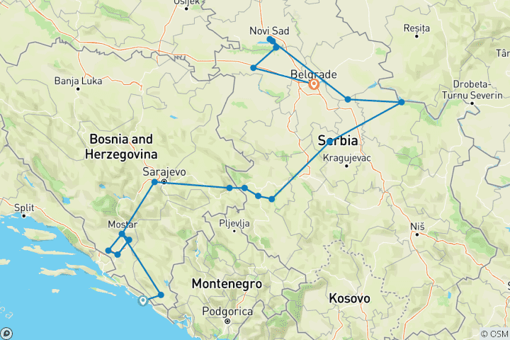 Mapa de Todo el año Bosnia +Serbia 15 días de viaje descubrimiento desde Dubrovnik.