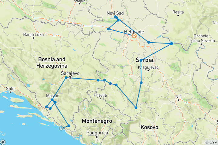 Mapa de Viaje descubrimiento de 18 días por Bosnia +Serbia, todo el año, desde Dubrovnik.