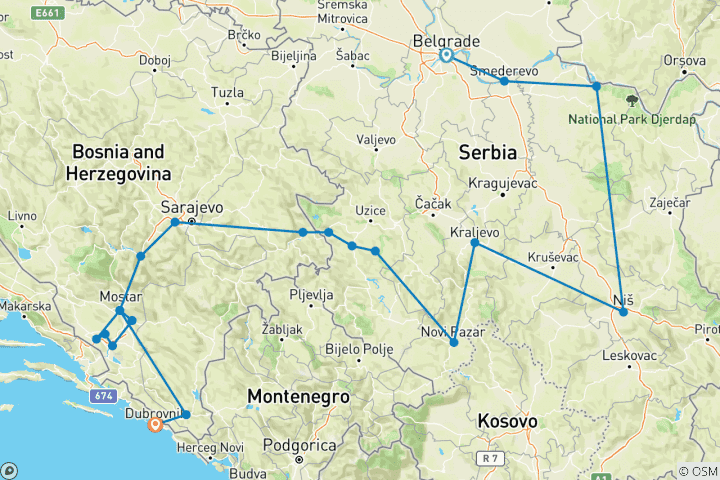 Map of Serbia +Bosnia year-round 19 days tour from Belgrade. Roadtrip across former Yugoslavia countries with Orthodox monasteries, medieval fortresses, history, cuisine.